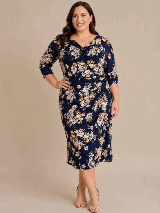 connected apparel Dresses & Skirts - connected apparel Navy Floral Midi Dress with Yellow & White Blooms Size 14